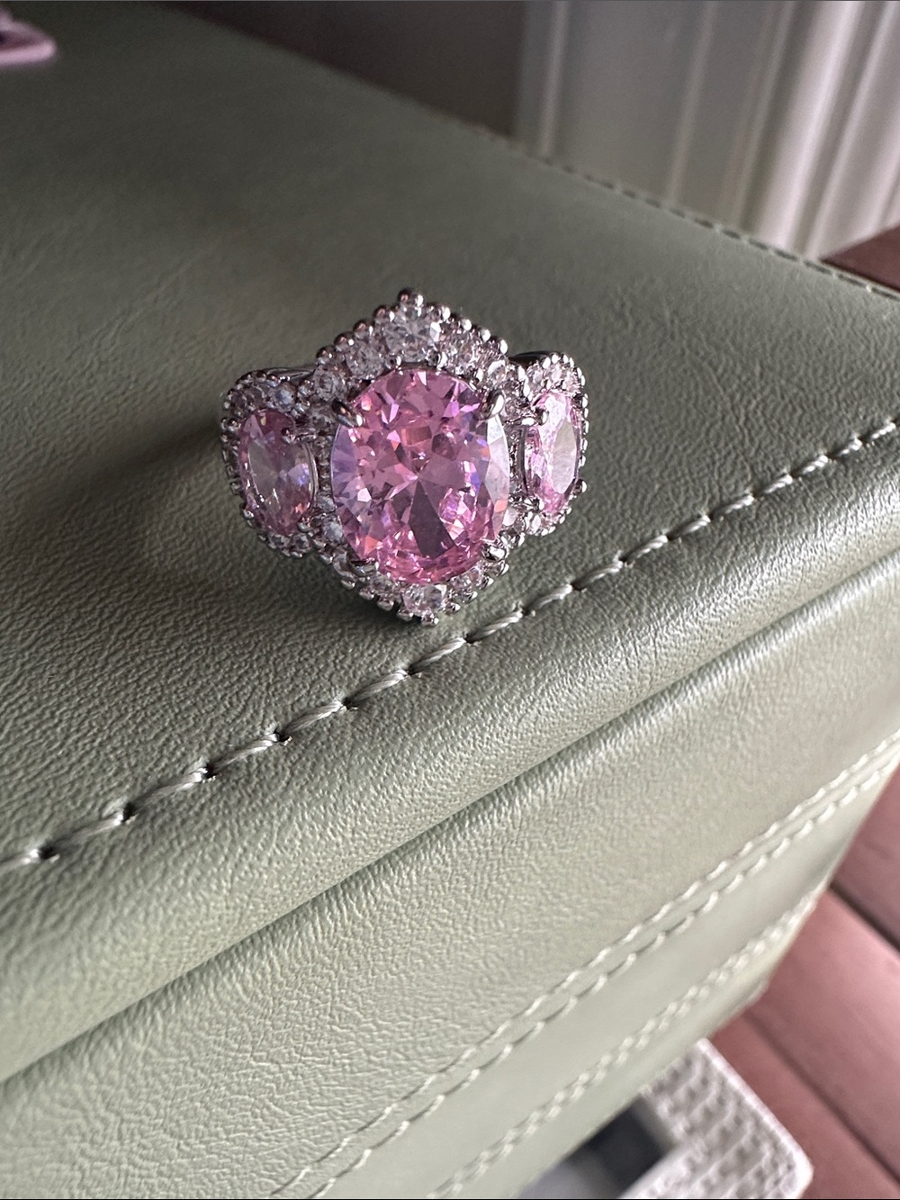 Pink Oval Triple-Stone Halo Ring - Silver Tone